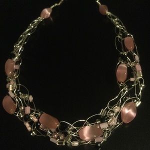 Vintage 80’s silver tone wire pink cat’s eye necklace
